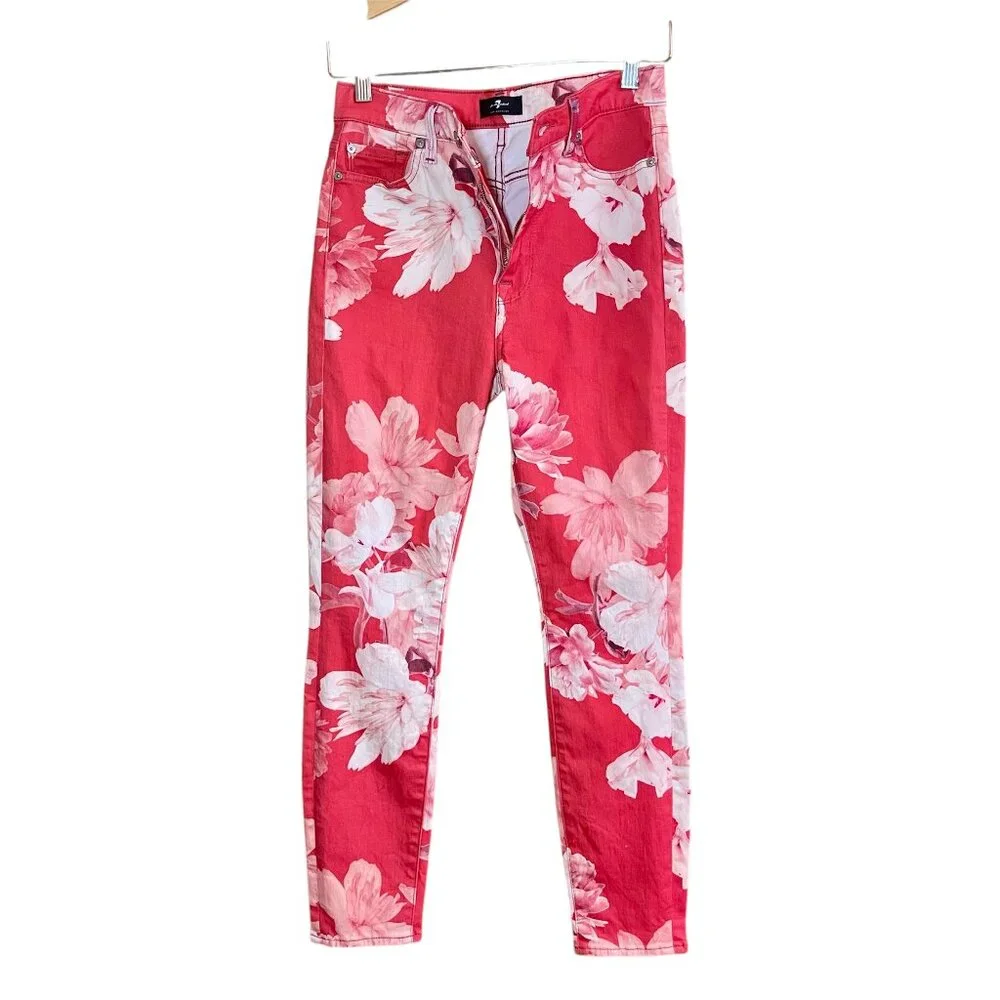 7 For All Mankind High Waist Ankle‎ Skinny Floral Jeans Red Pink Sz 27 Statement